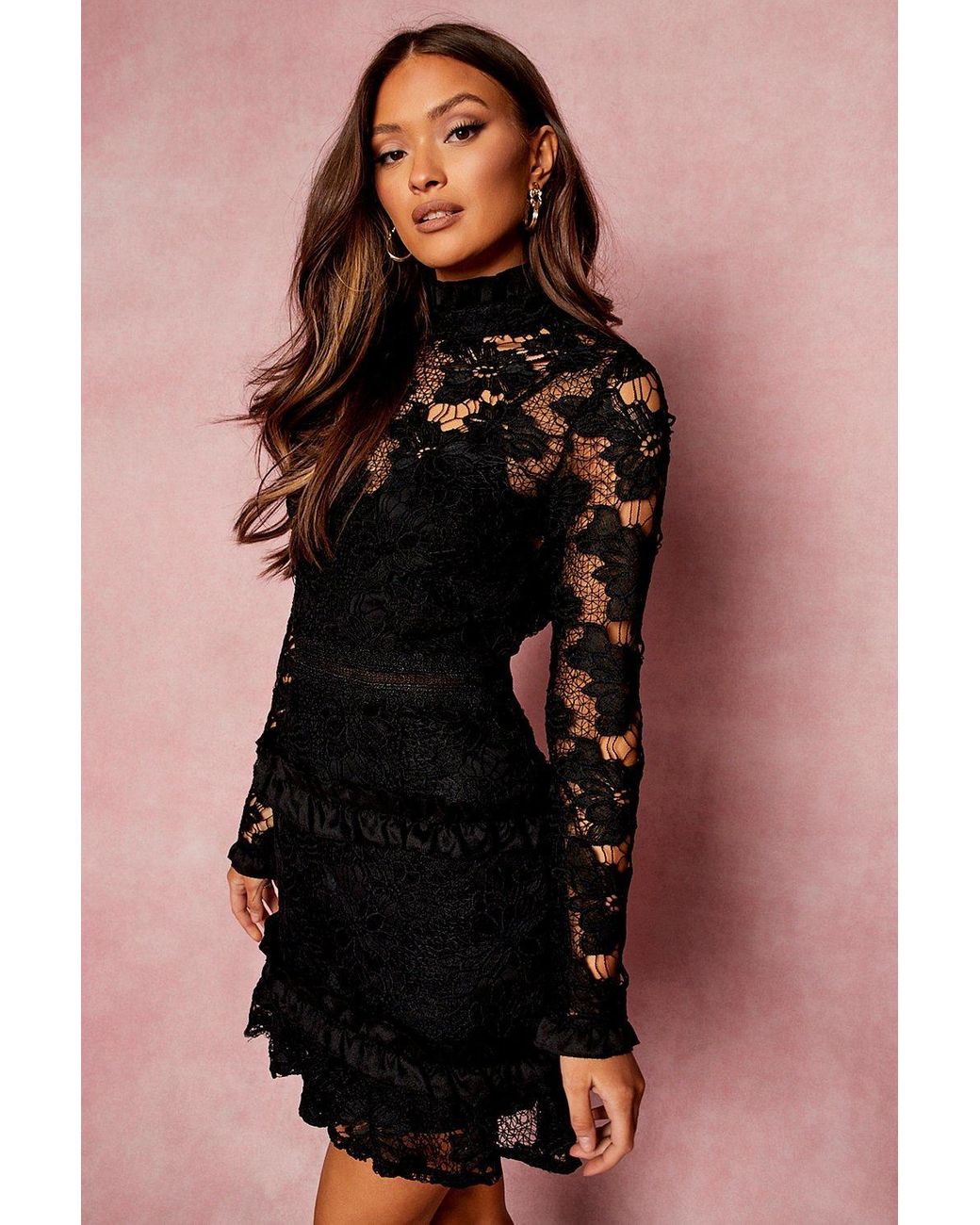Boohoo Lace High Neck Long Sleeve Tiered Mini Dress in Black | Lyst