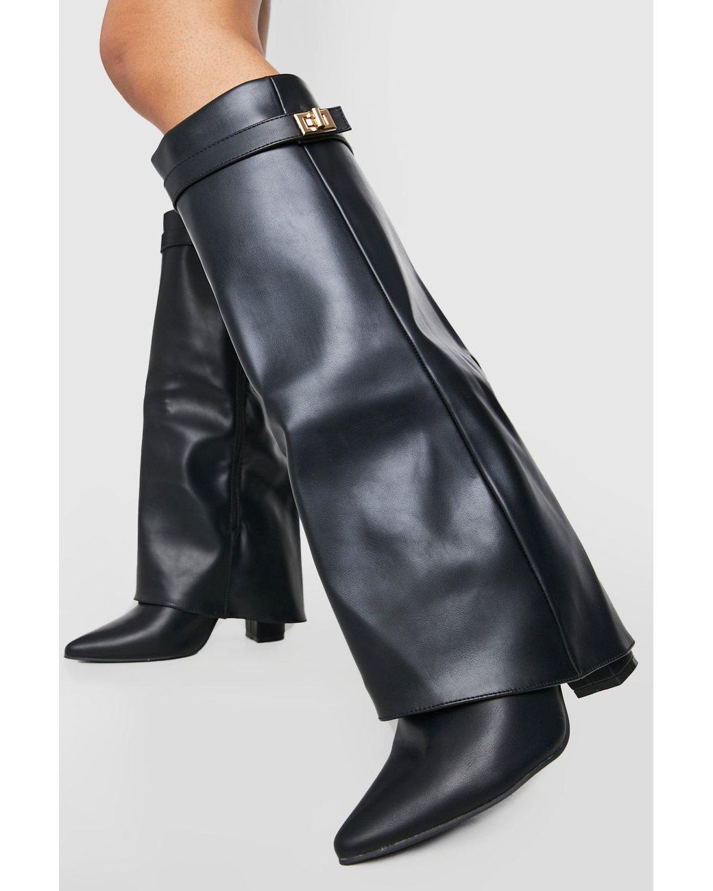 ask livestock Alert Boohoo Fold Over Metal Detail Knee High Boots in Black | Lyst