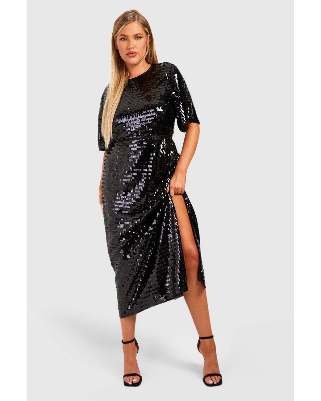 Boohoo Plus Shard Sequin Midaxi Dress in Black | Lyst