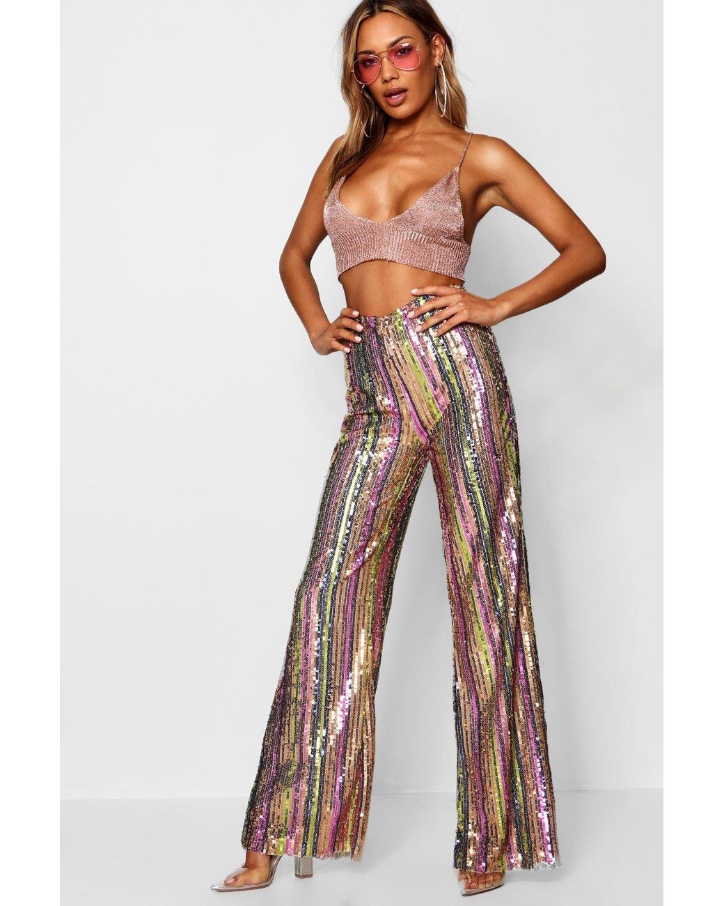 Boohoo Rainbow Sequin Stripe Wide Leg 