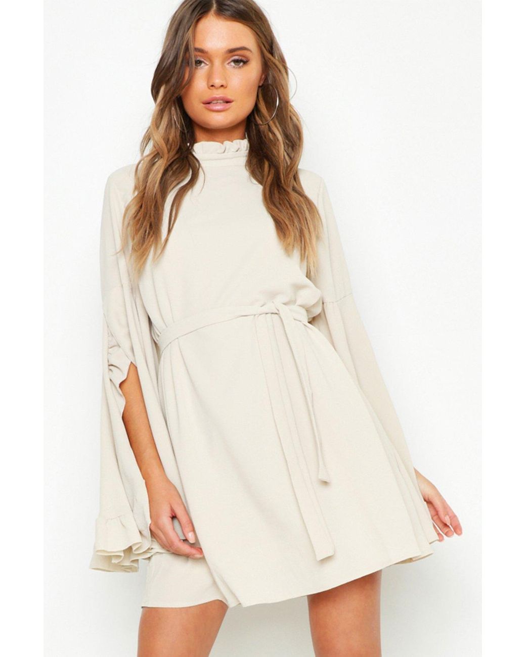 high neck shift dress with sleeves