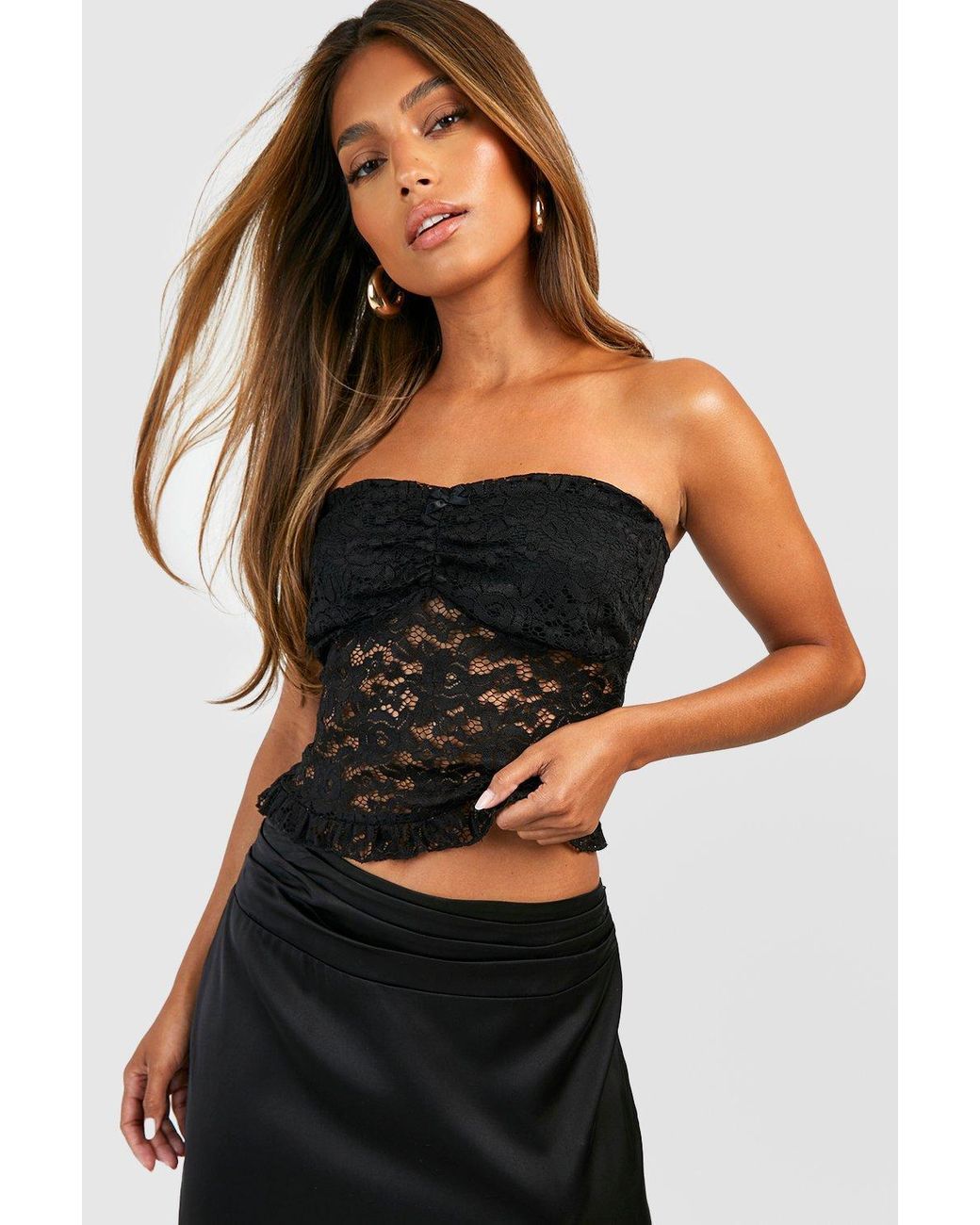 Boohoo Lace Bandeau Bow Detail Top in | Lyst