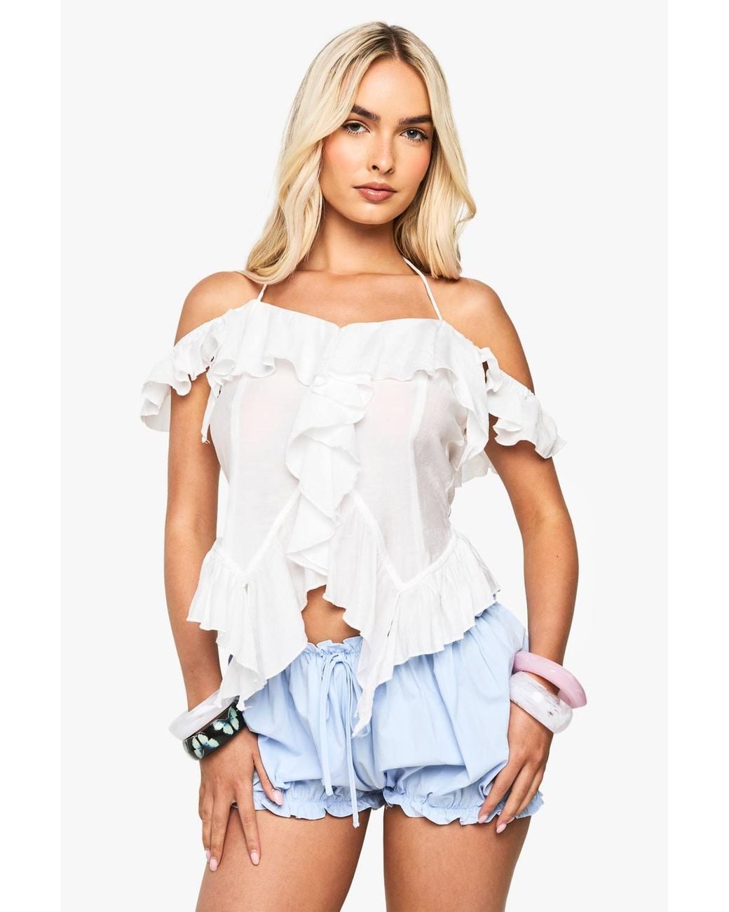 Boohoo White Woven Ruffle Top