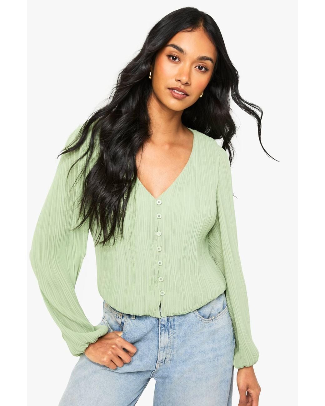 Boohoo Green Plisse Button Through Blouse