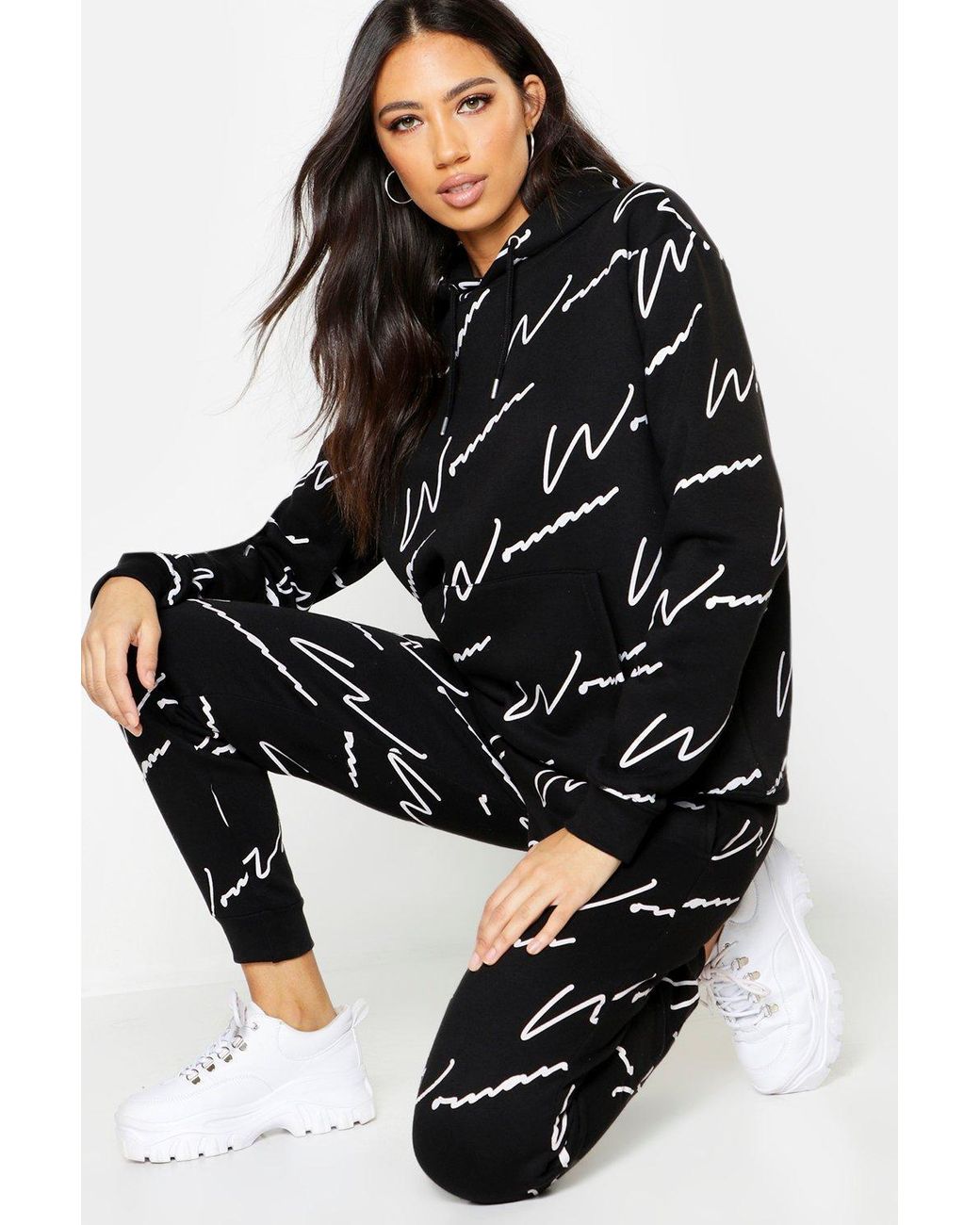 Boohoo Woman All Over Print Tracksuit in Black | Lyst