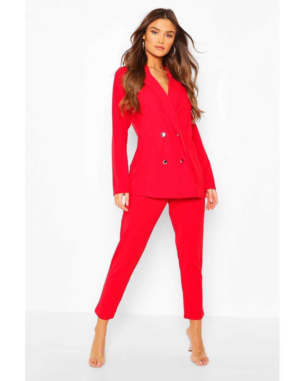Boohoo Double Breasted Blazer & Pants Suit Set in Red - Lyst