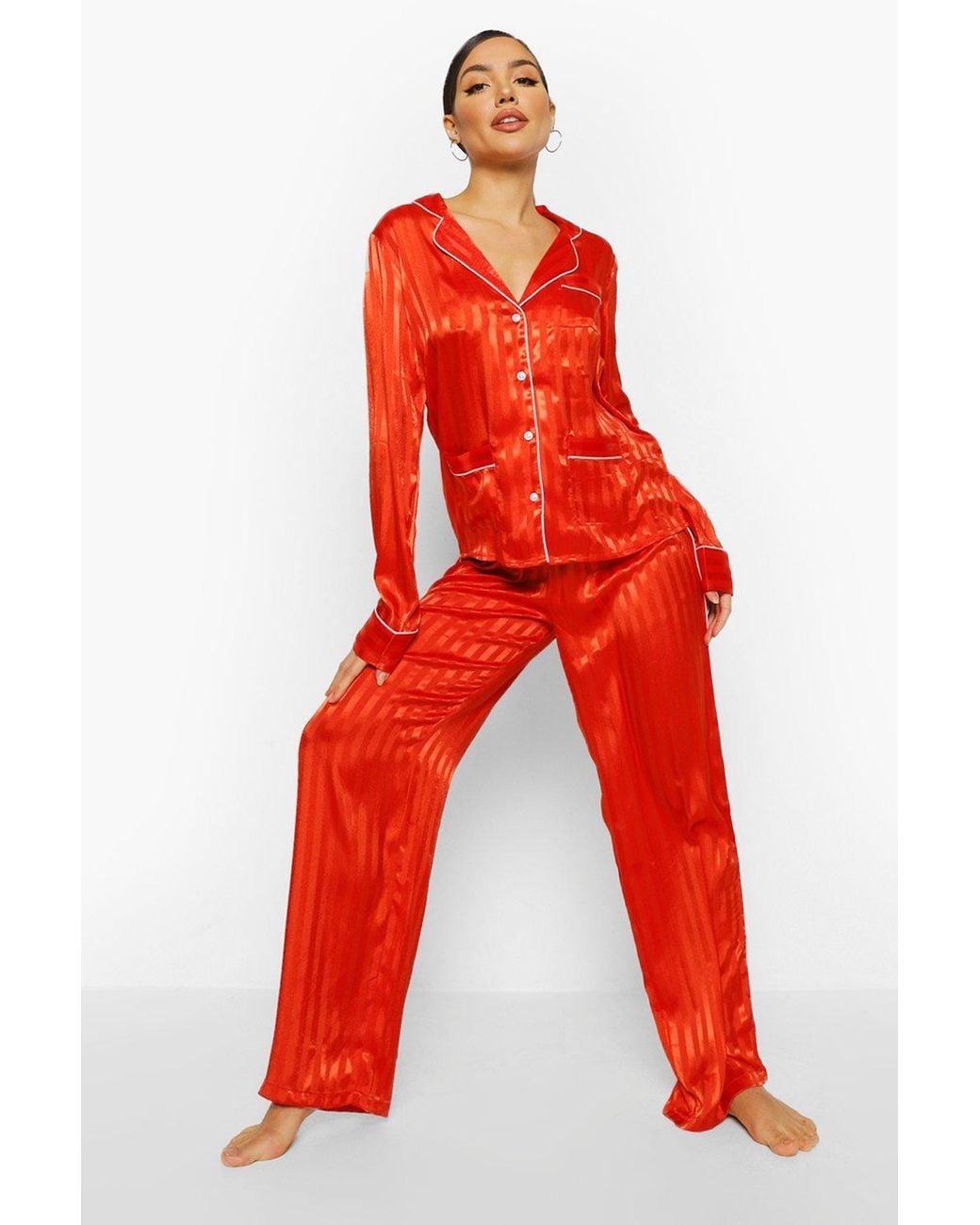 Boohoo Jaquard Stripe Satin Pyjamas in Red - Lyst