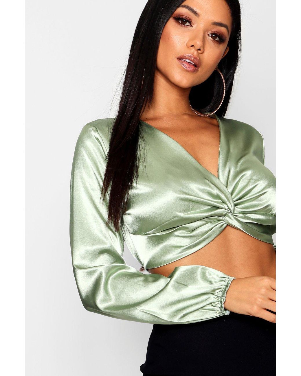 Boohoo Twist Front Satin Long Sleeve Crop Top in Green | Lyst UK