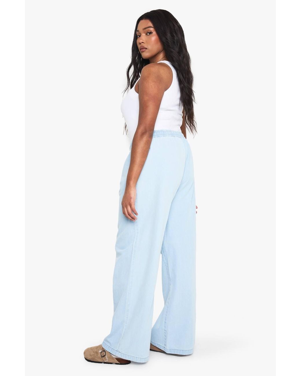 Boohoo Blue Plus Chambray Drawstring Wide Leg Trouser