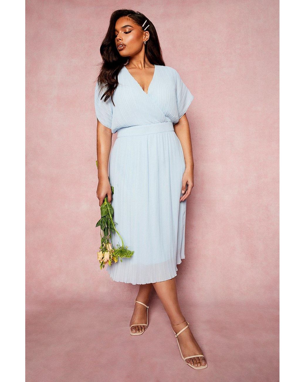 pleated wrap midi dress