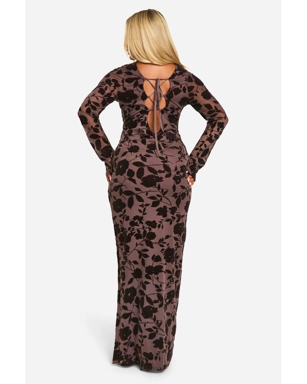 Boohoo Devore Low Back Column Maxi Dress in Brown