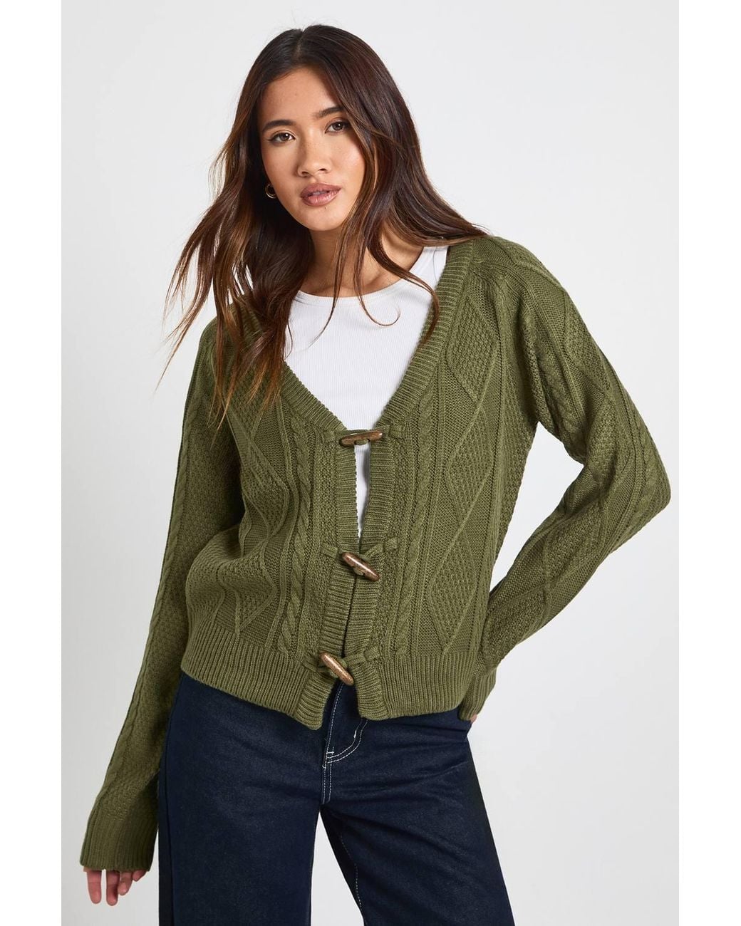 Boohoo Green Toggle Button Cable Knit Chunky Cardigan
