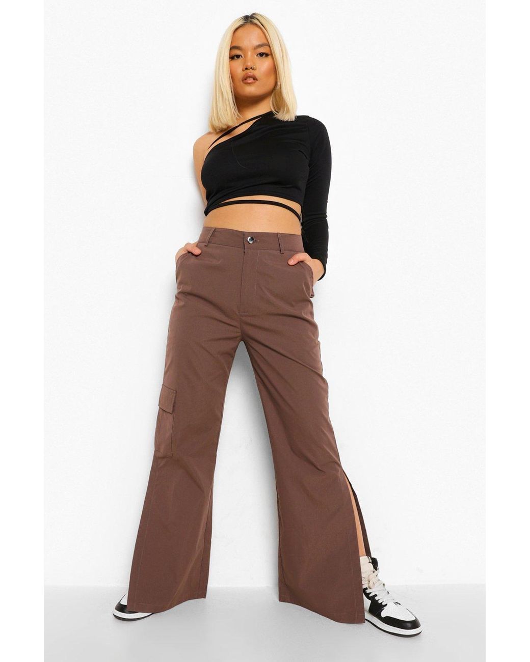 Boohoo Petite Cargo Split Hem Flare Pants in Grey (Brown) Lyst