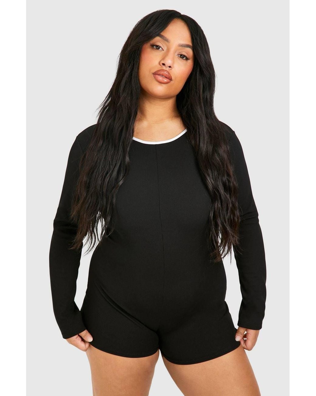 Boohoo Black Plus Rib Contrast Binding Playsuit