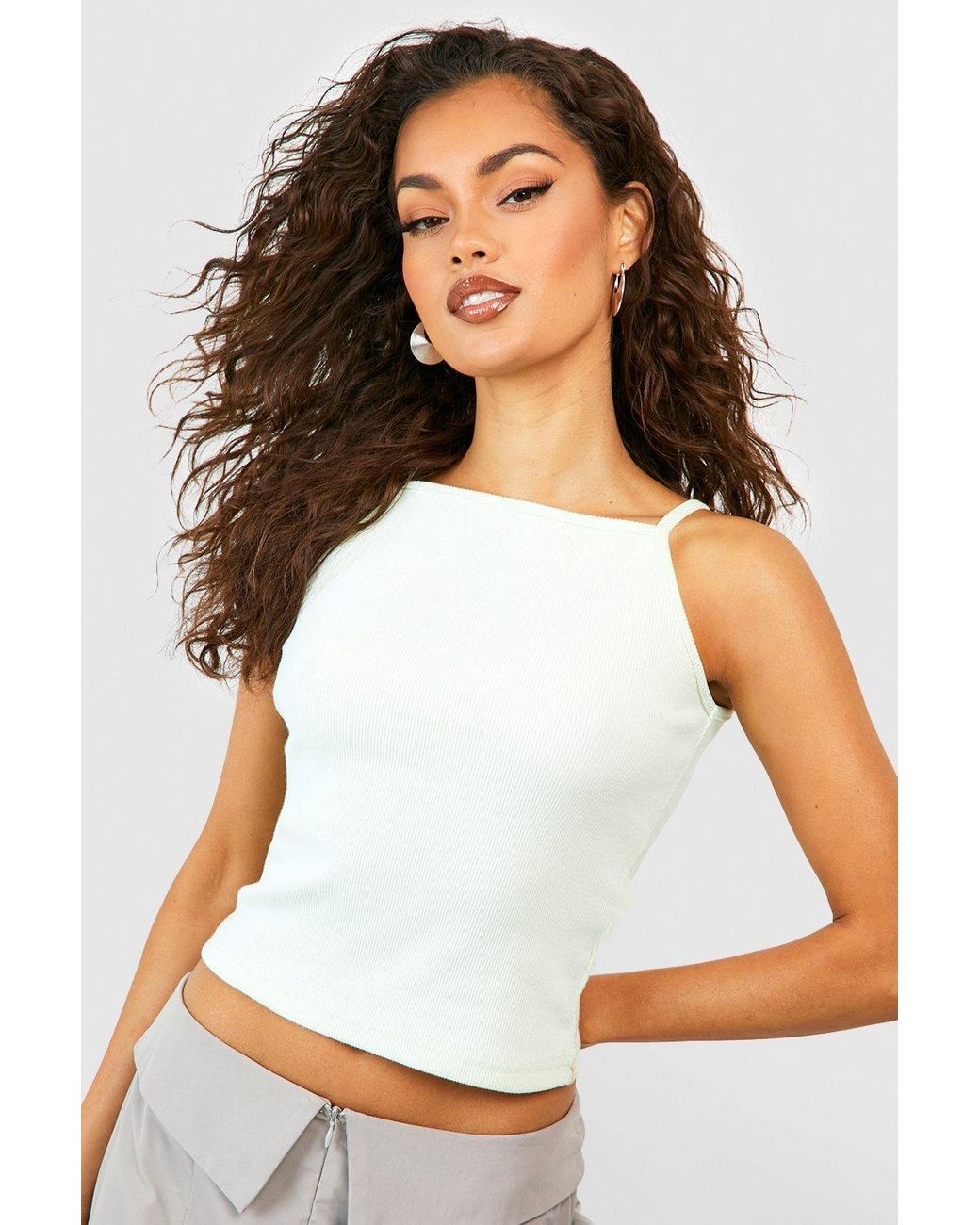 Boohoo Halter Strappy Rib Crop Top in White