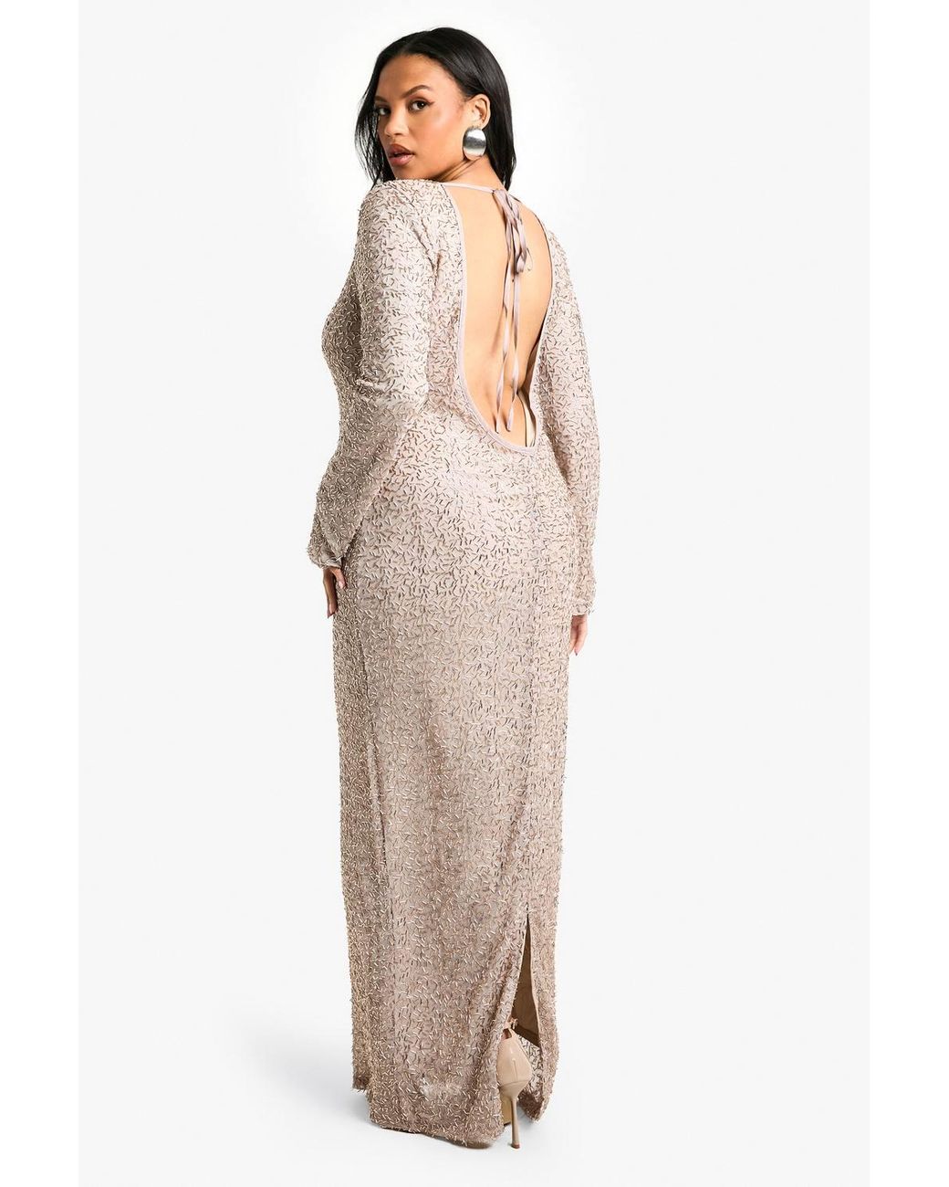 Boohoo Plus Open Back Hand Embellished Maxi Dress in Natural | Lyst