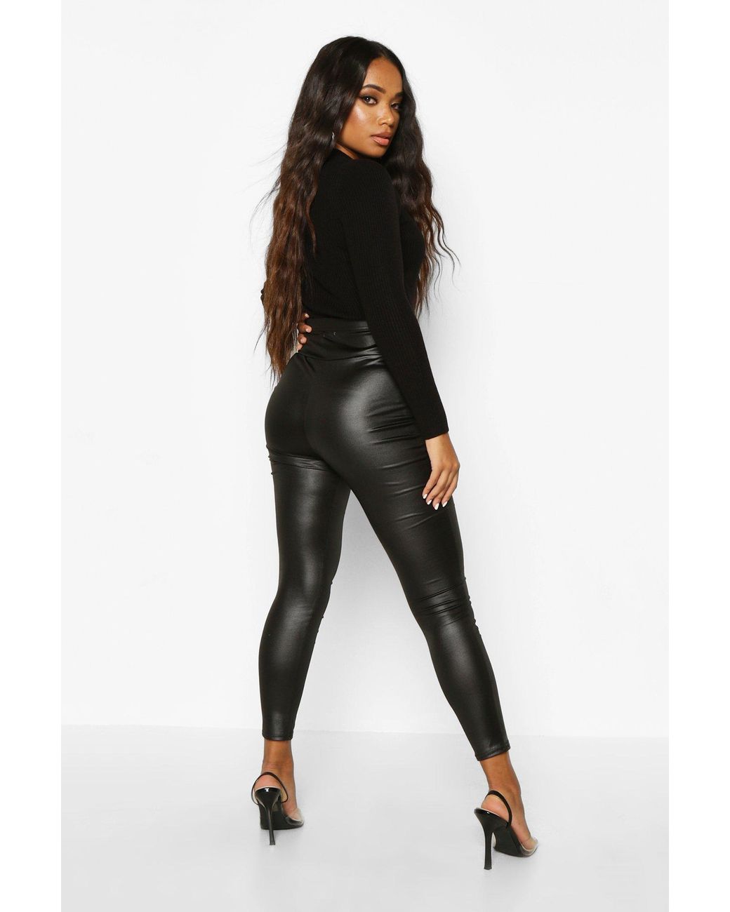 Boohoo Petite Zip Up Wet Look Leggings, Plain Pattern in Black - Lyst