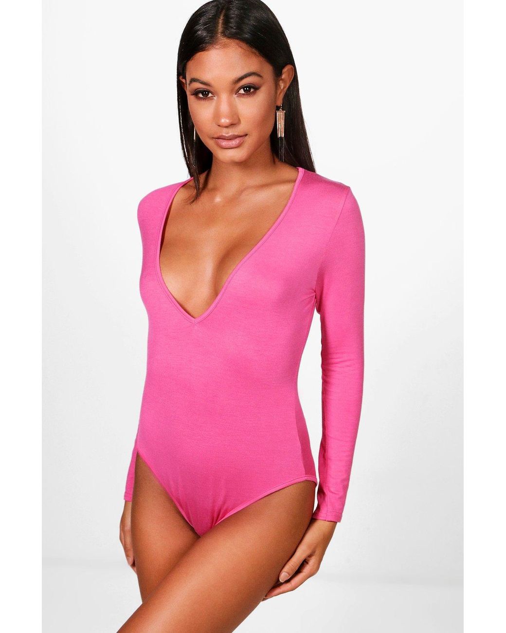 Boohoo Plunge Long Sleeve Bodysuit in Pink | Lyst