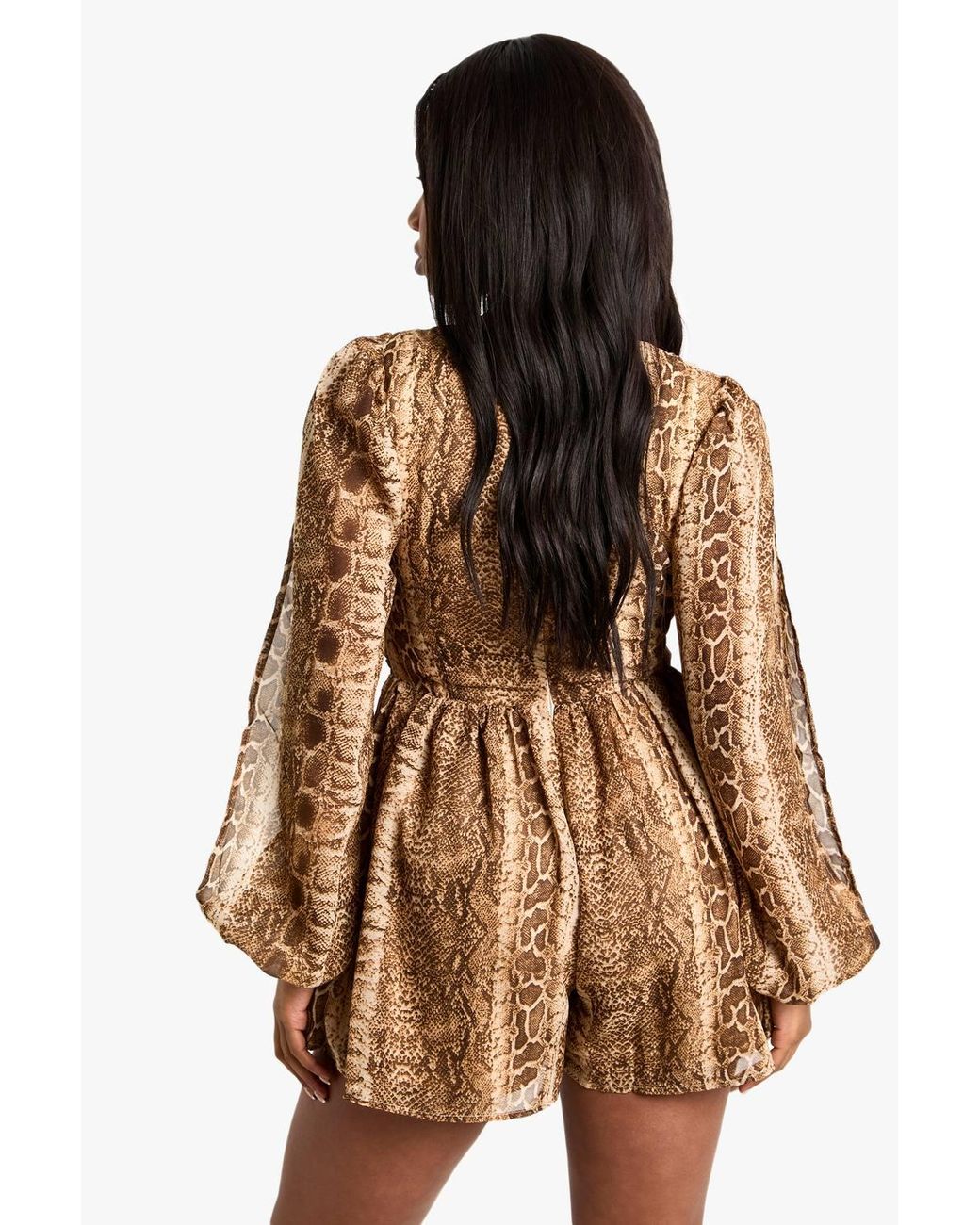 Boohoo Brown Snake Print Split Sleeve Playsuit