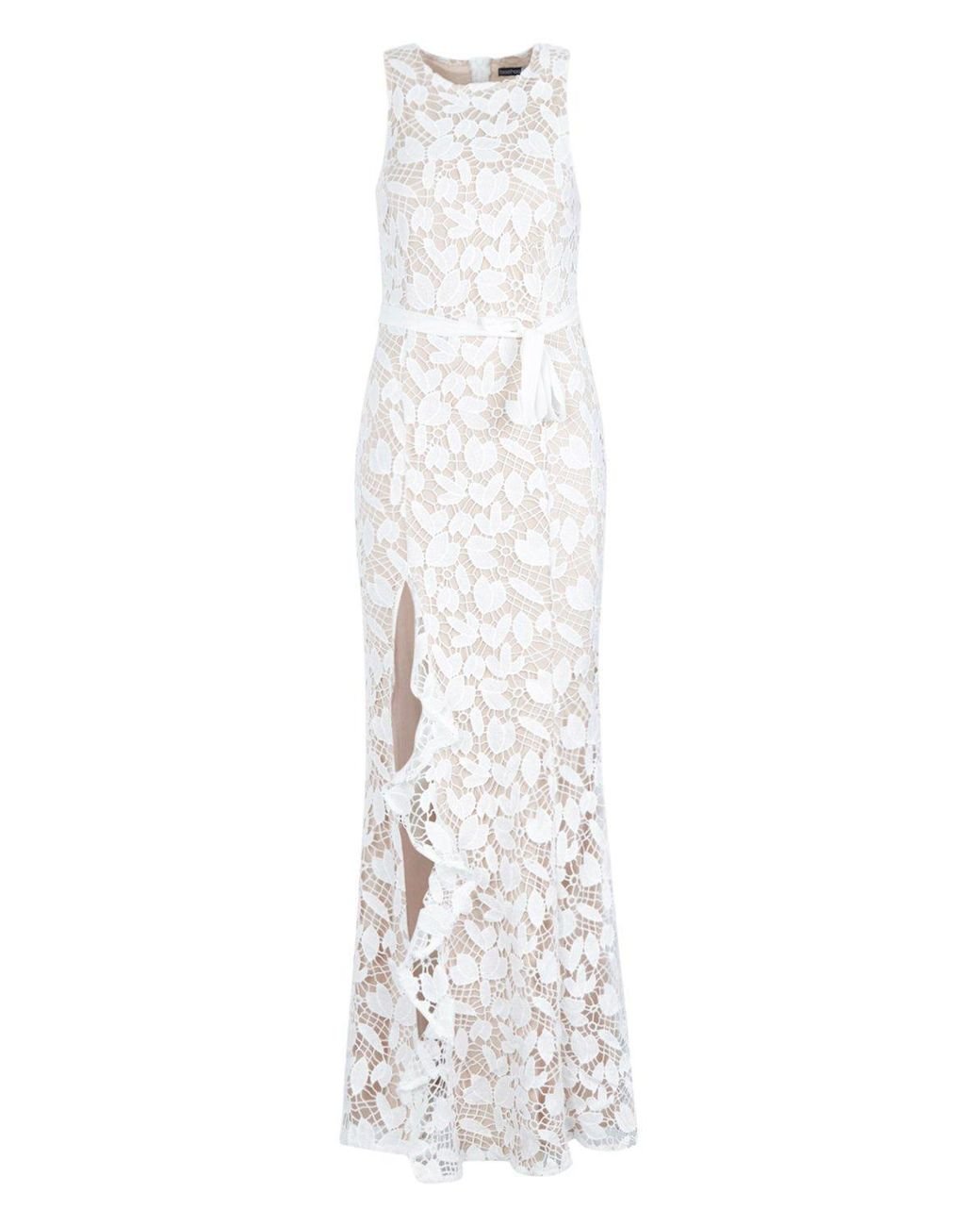 lace ruffle split maxi dress