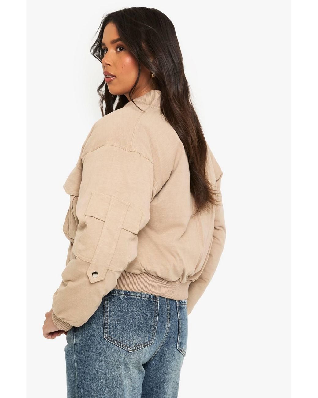 Boohoo Natural Utility Pocket Cropped Bomber Jacket