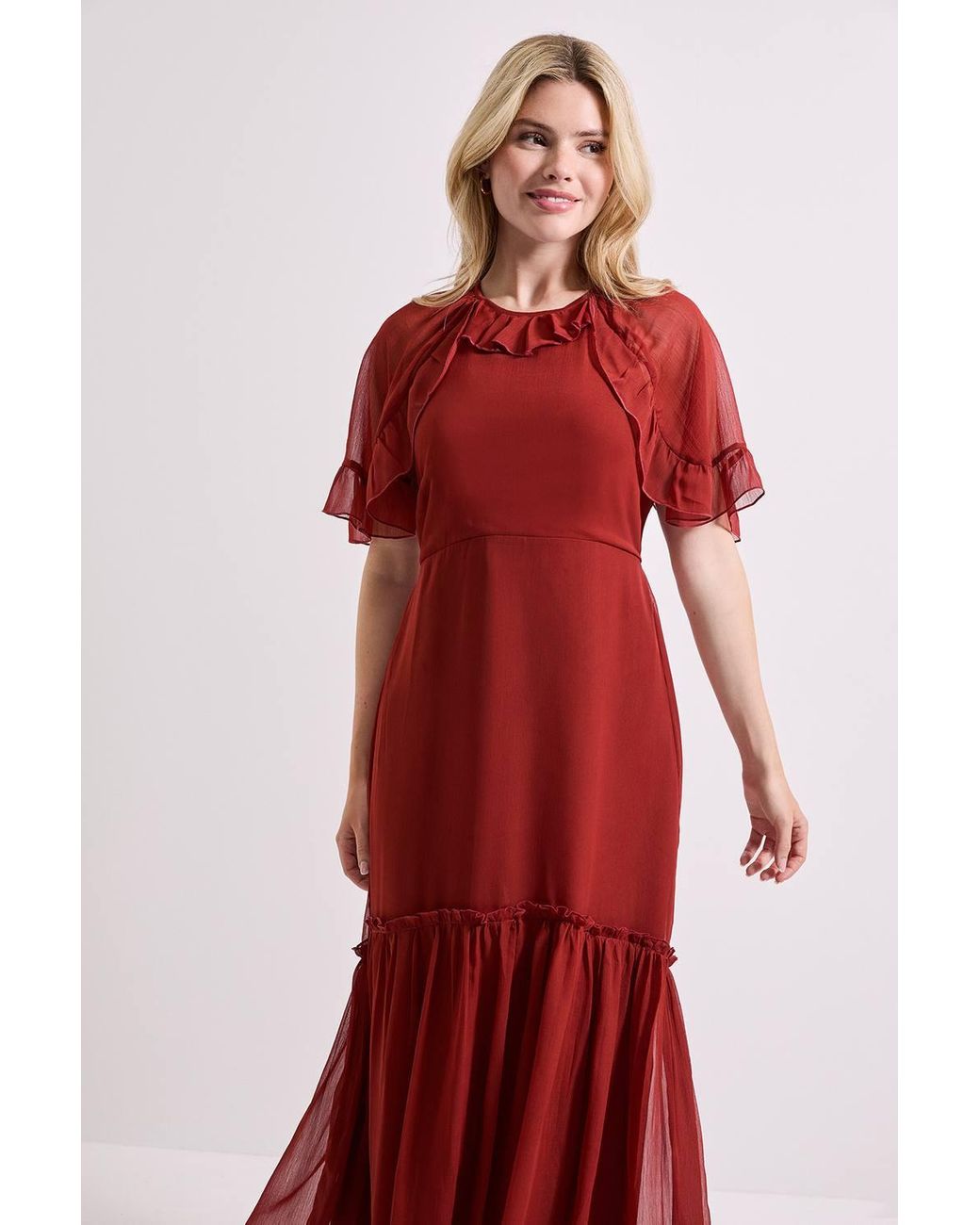 Dorothy Perkins Frill Cape Sleeve Tiered Chiffon Midi Dress | Lyst