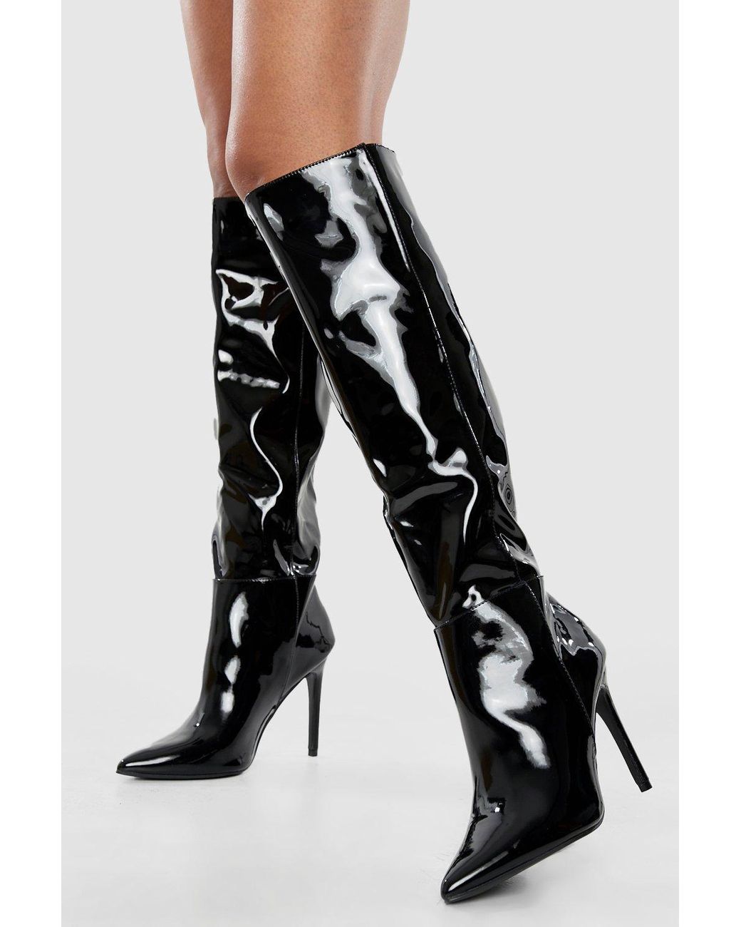 Boohoo Pointed Knee High Stiletto Heeled Boots in Black | Lyst