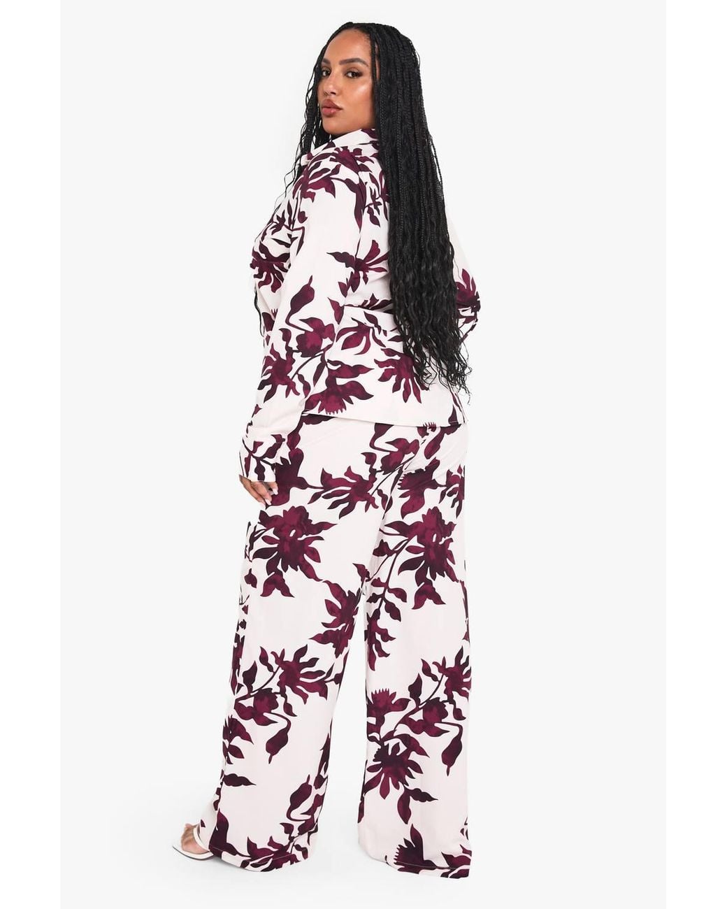 Boohoo Red Plus Basic Woven Large Floral Drawstring Wide Leg Trouser