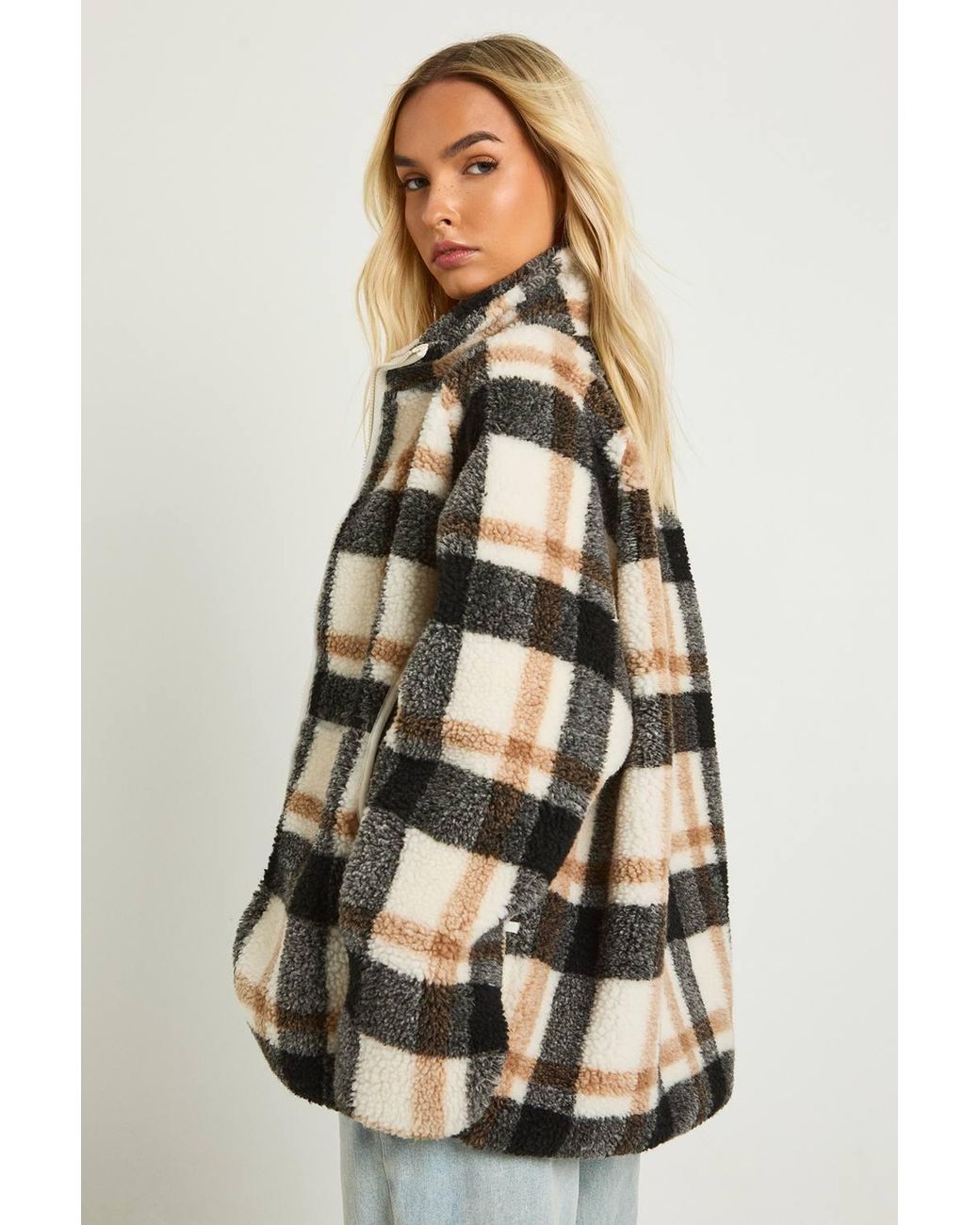 Boohoo Brown Check Oversized Teddy Jacket