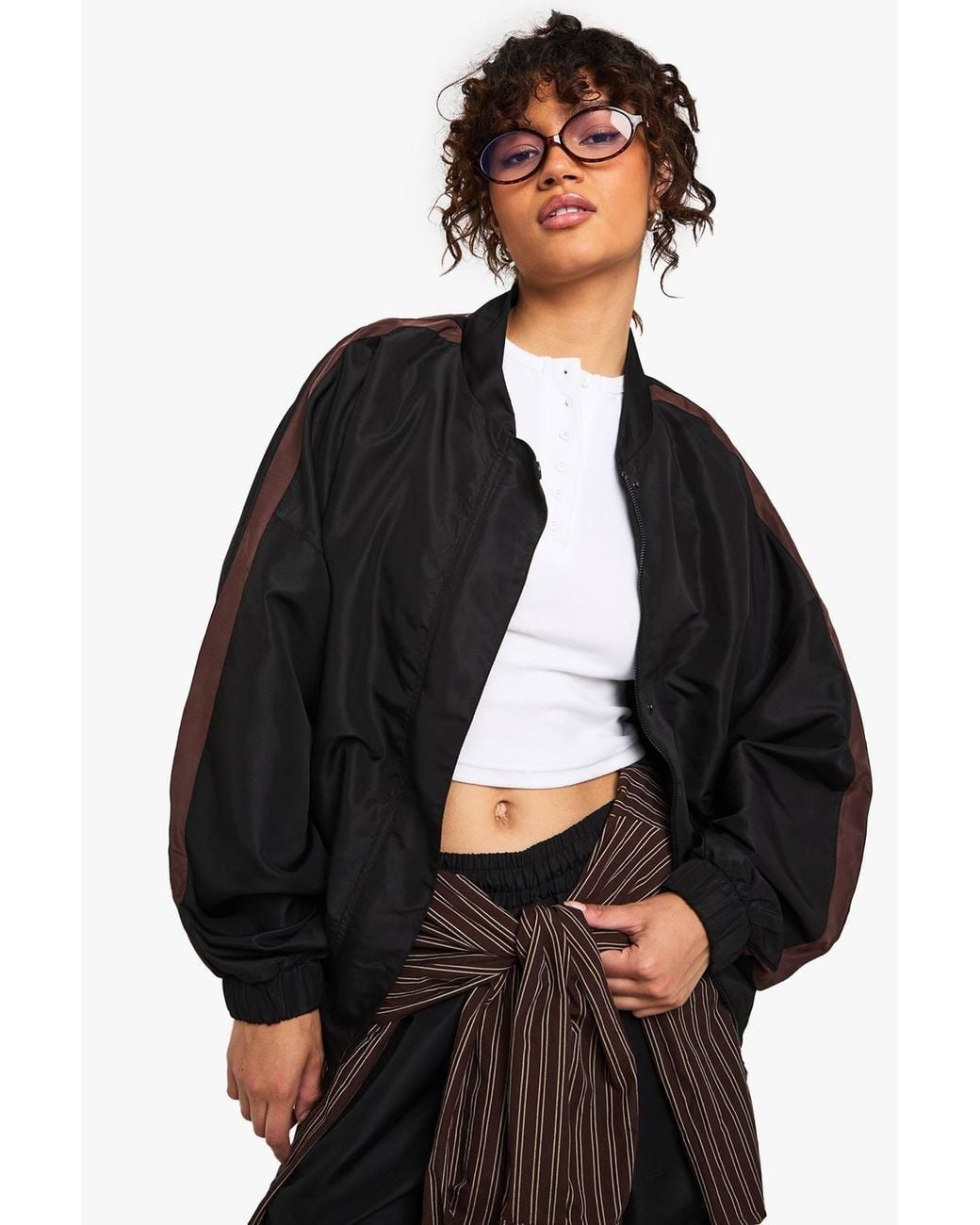 Boohoo Black Nylon Side Stripe Button Through Jacket