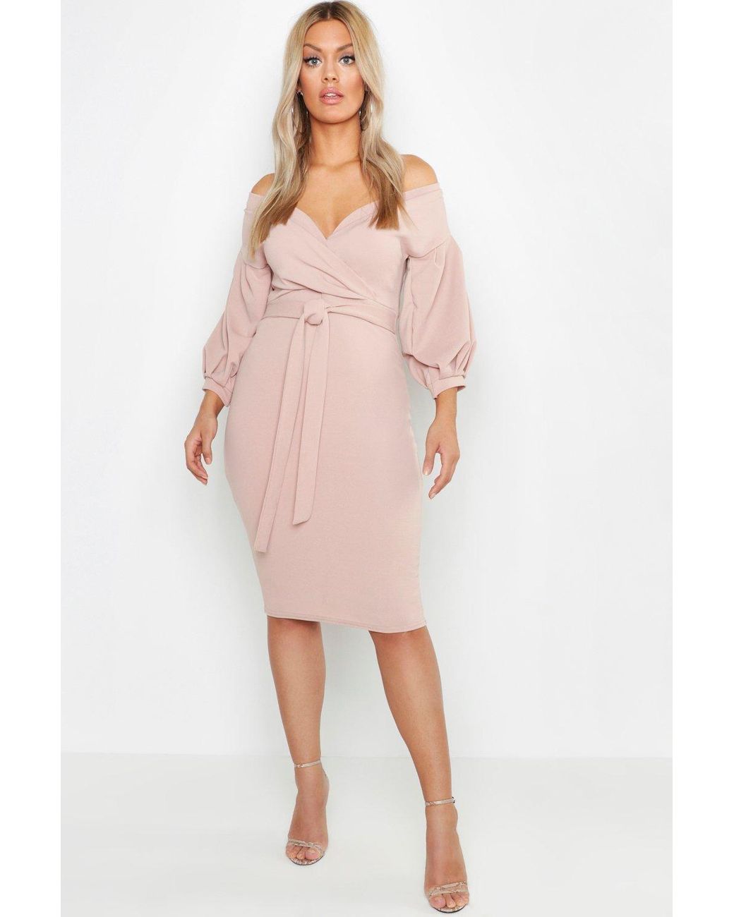 Shoulder Wrap Midi Dress in Beige (Pink 