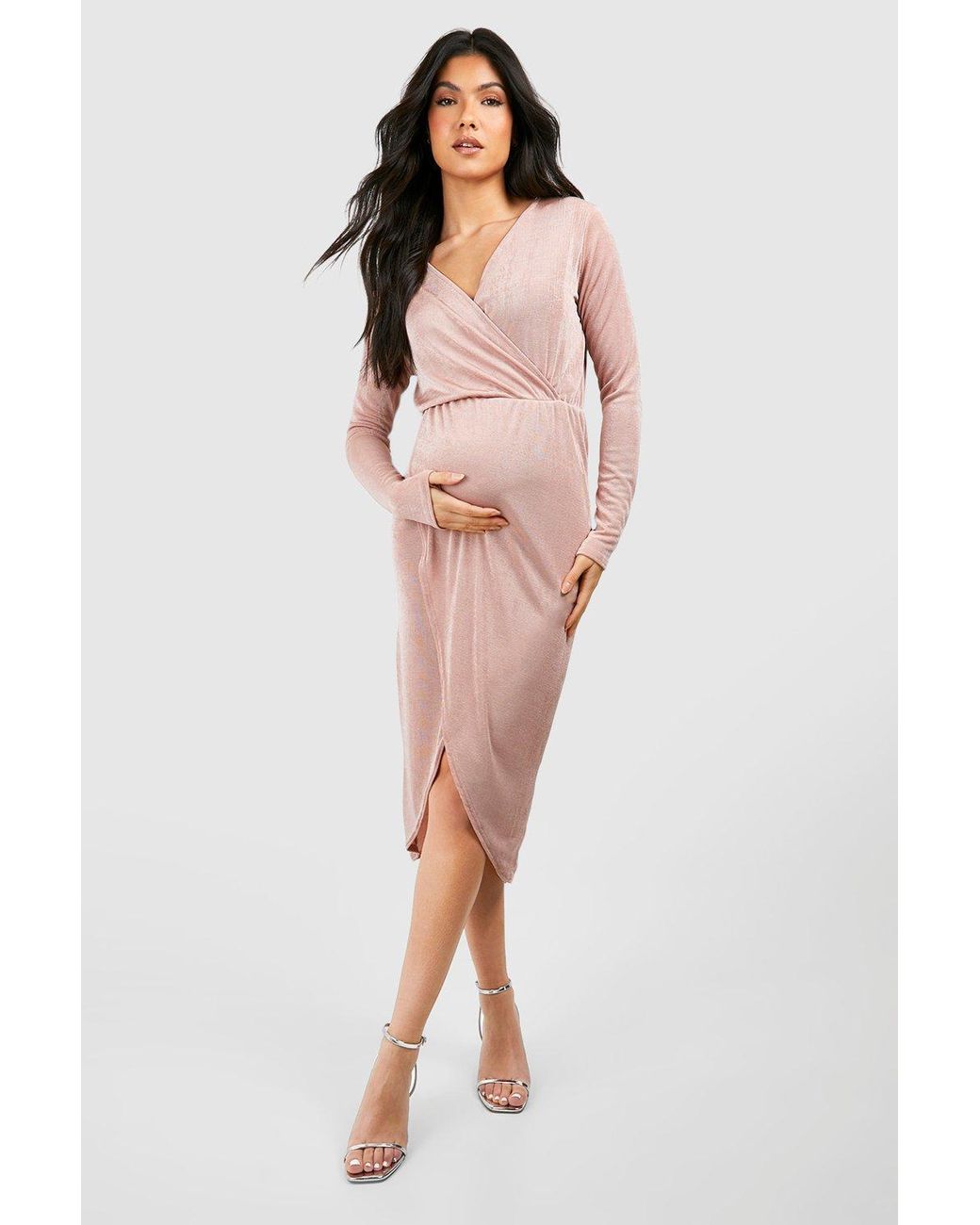 Boohoo Maternity Acetate Slinky Wrapover Midi Dress in Pink