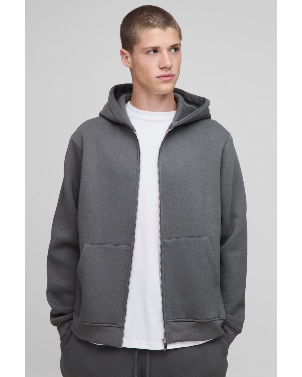 Boohoo Gray Basic Regular Zip Through Hoodie
