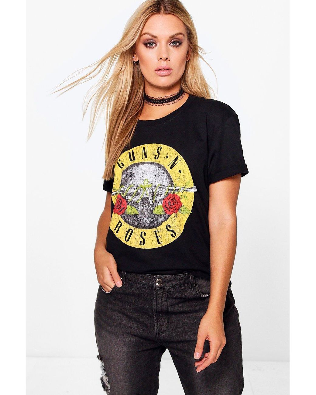 Boohoo Cotton Womens Plus Guns N Roses License T Shirt In Black Lyst