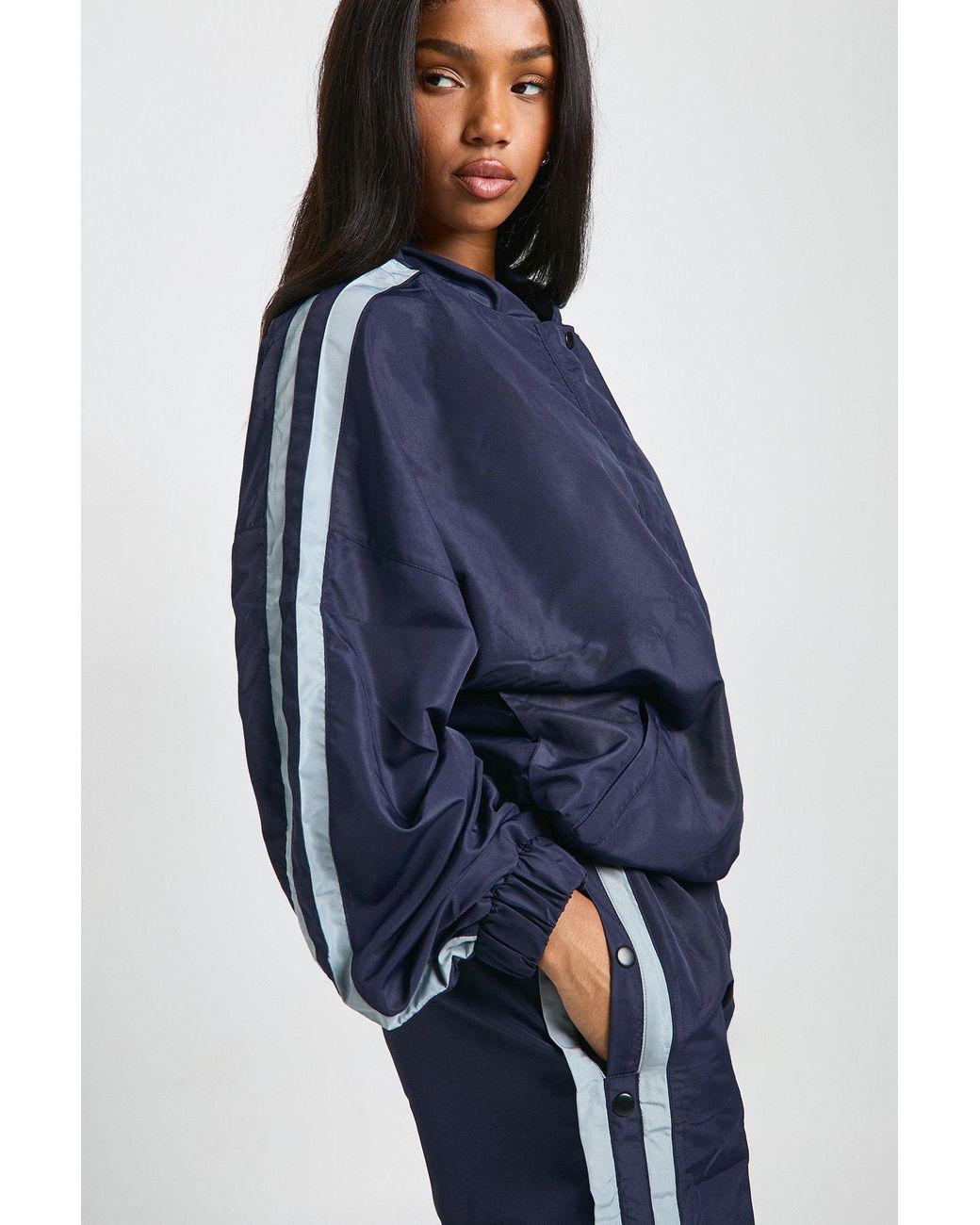 Boohoo Blue Nylon Side Stripe Button Through Jacket