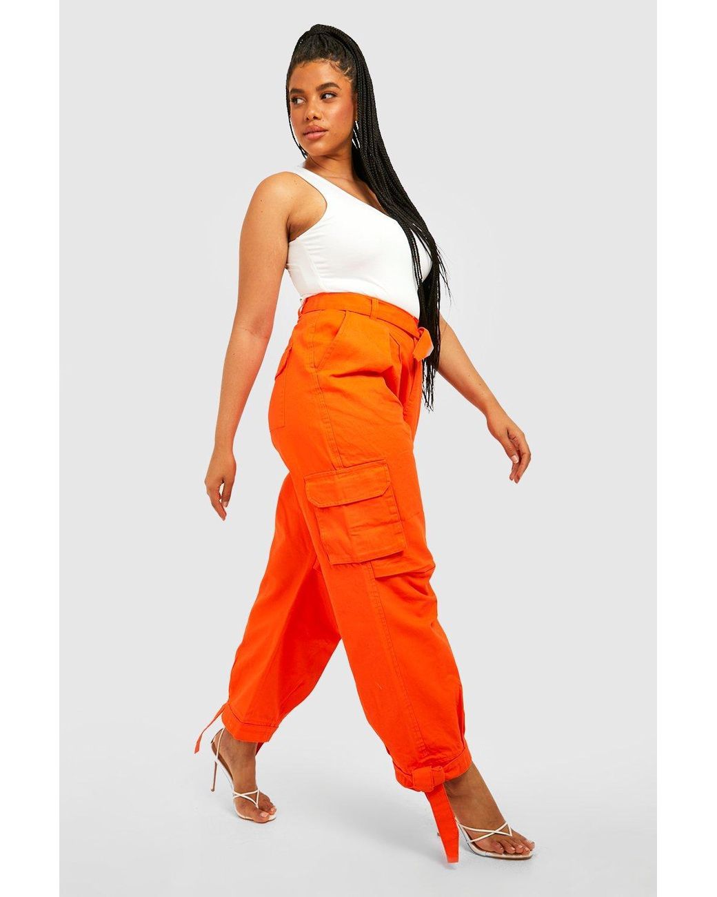Boohoo Plus Tie Hem Slim Fit Cargo Pants in Orange | Lyst