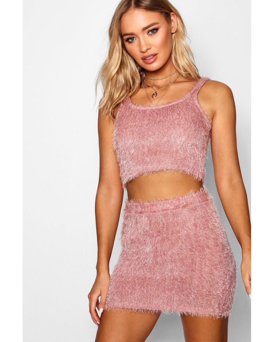 Boohoo Fluffy Knitted Crop Top Knitted Mini Skirt Set in Pink | Lyst