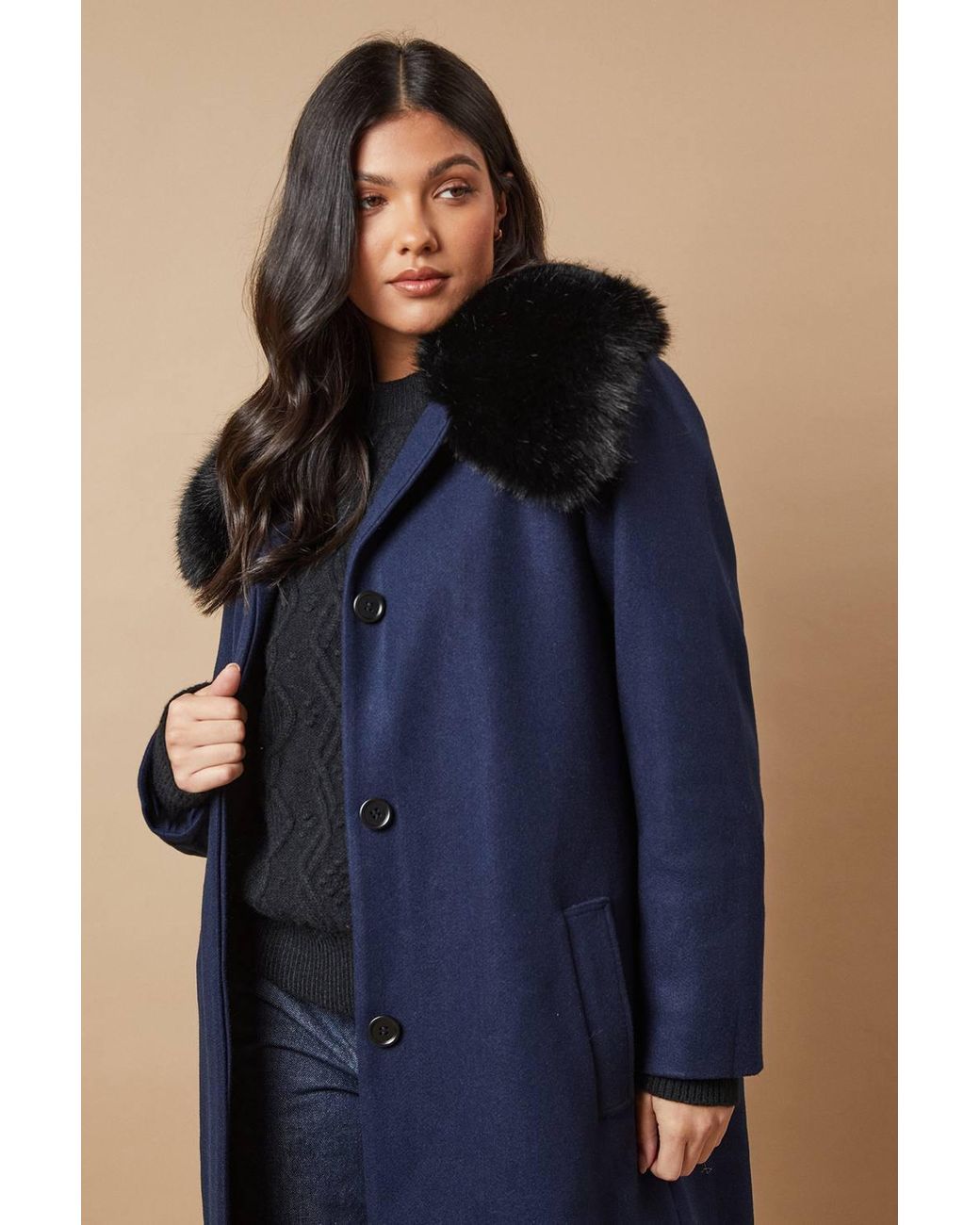 Oasis Blue Faux Fur Collar Button Through Coat