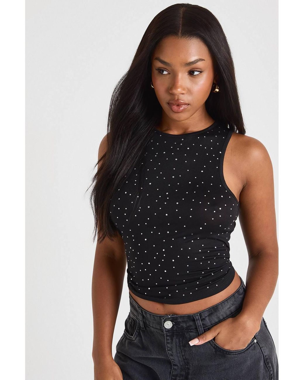 Boohoo Studded Ribbed Racer Tank in Black | Lyst
