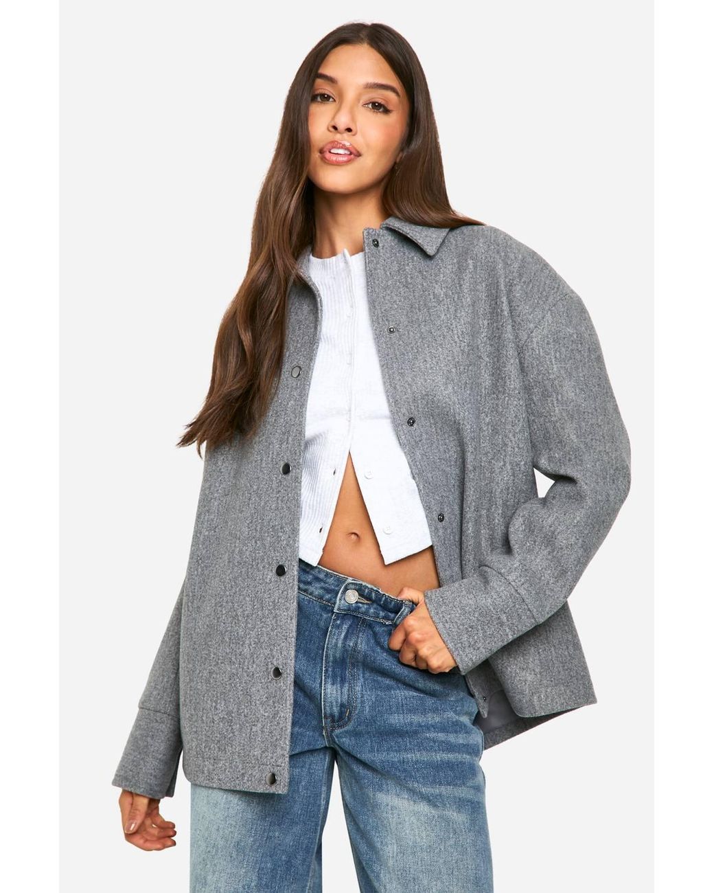 Boohoo Gray Oversized Wool Look Shacket