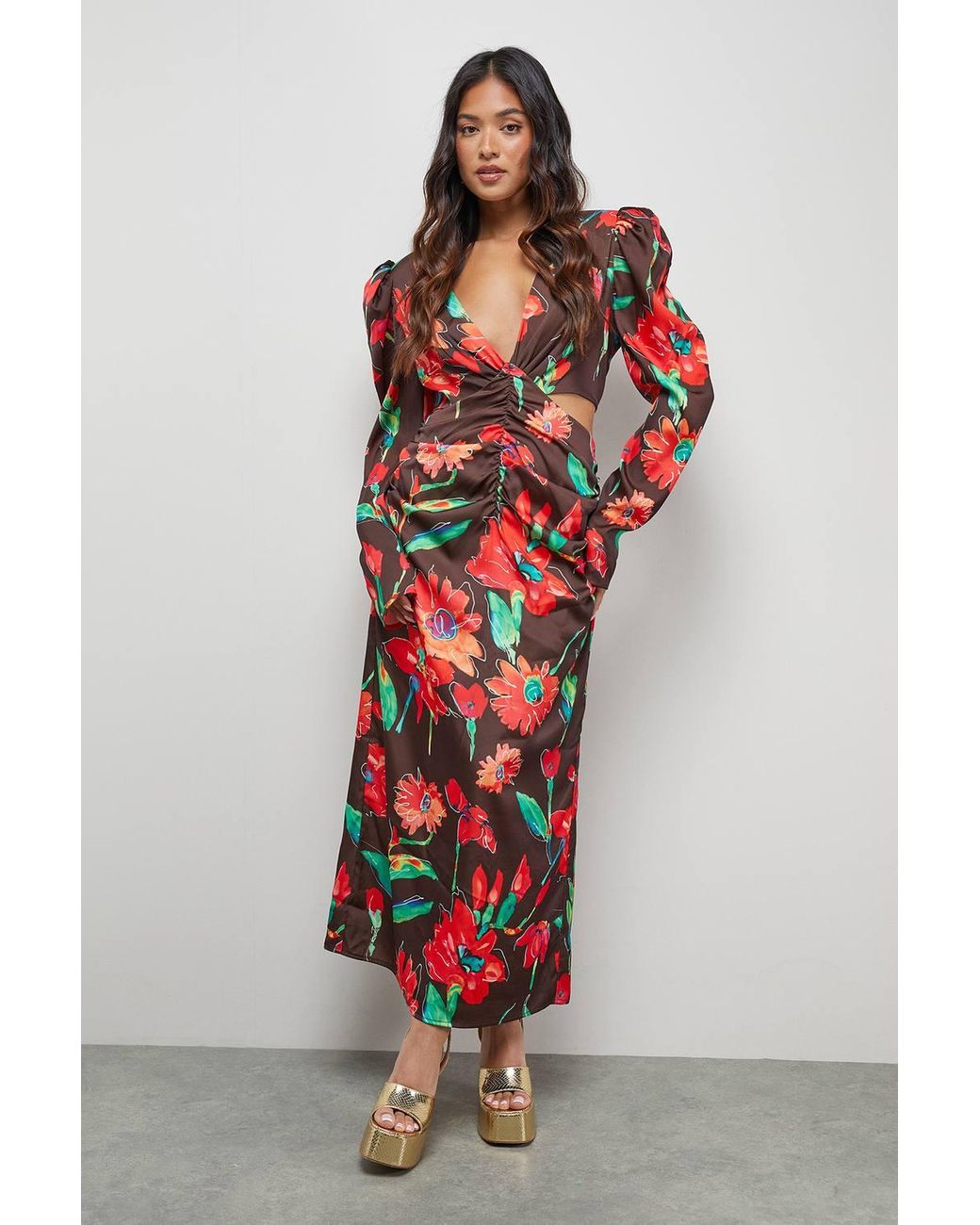 Warehouse Red Petite Satin Cut Out Waist Plunge Neck Midi Dress