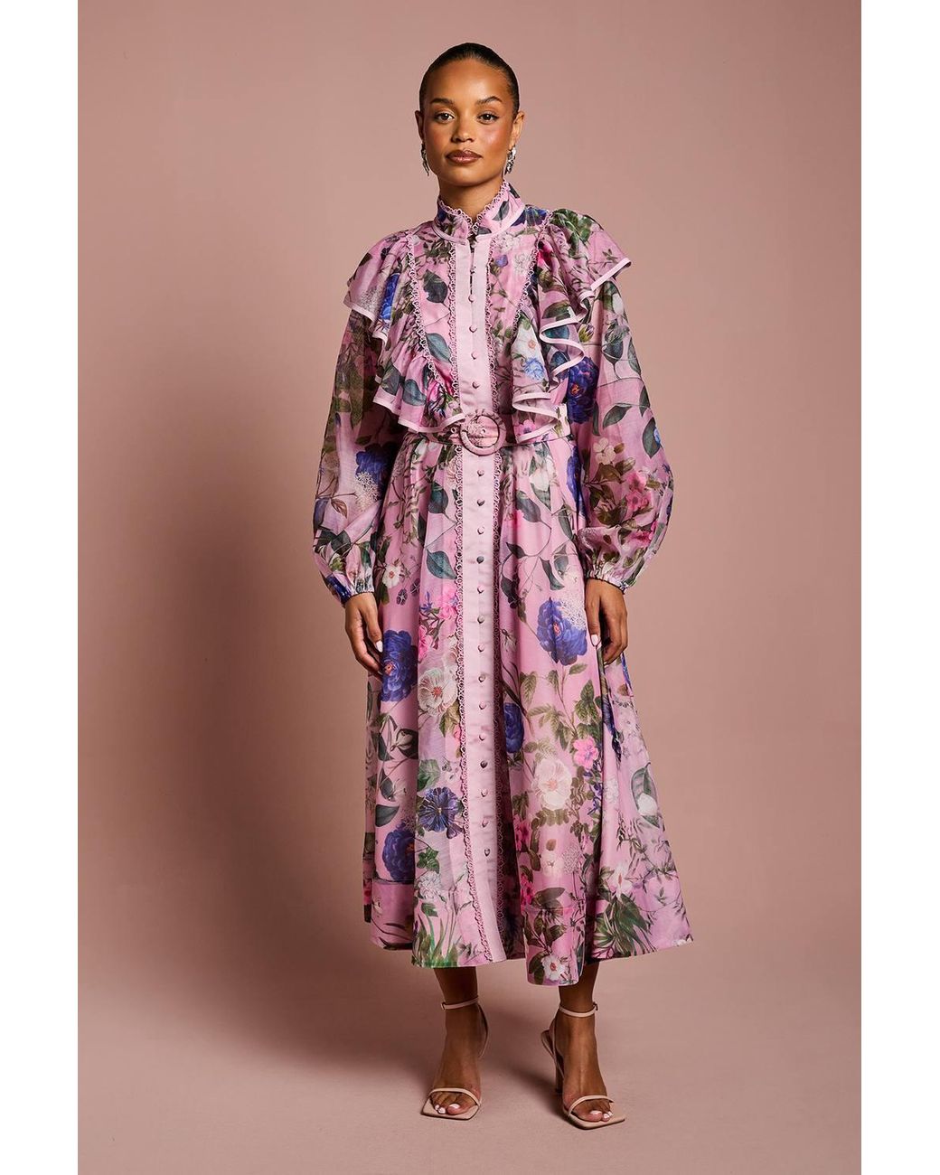 Coast Petite Printed Midi Dress With Organza Trim in Pink | Lyst