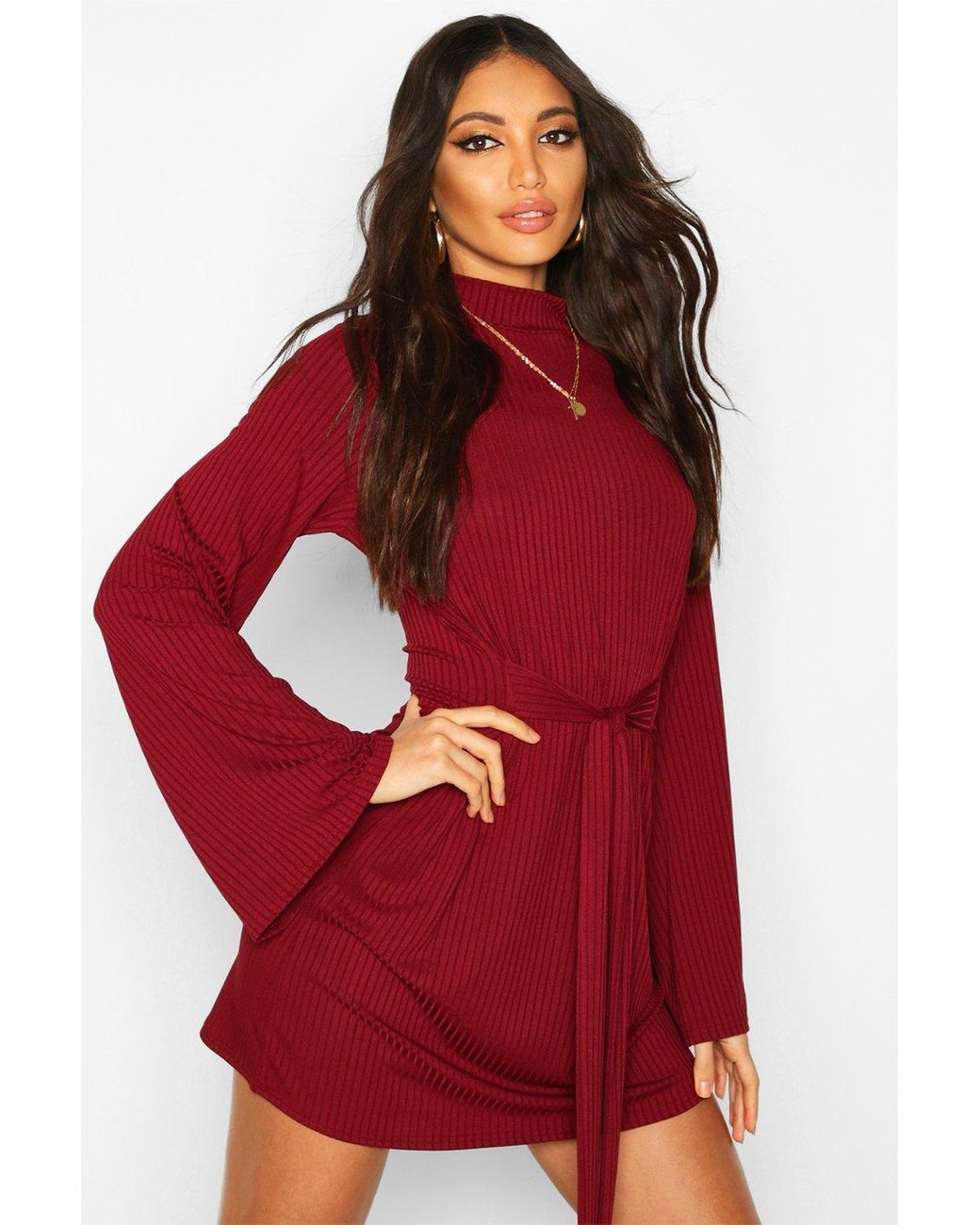 red dress with flared sleeves