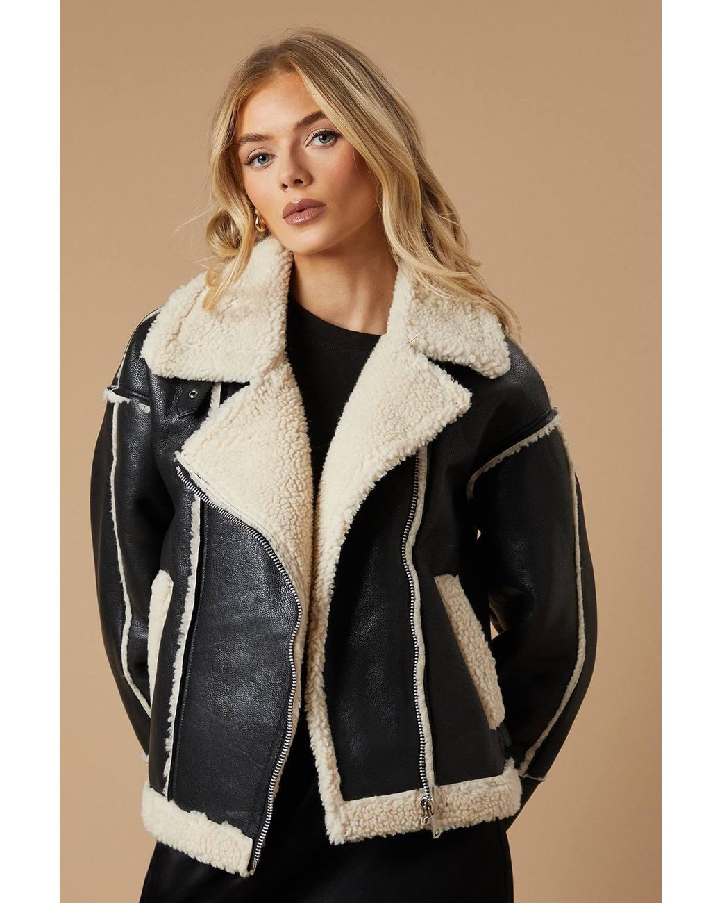 Oasis Black Pu Borg Detail Collared Zip Jacket