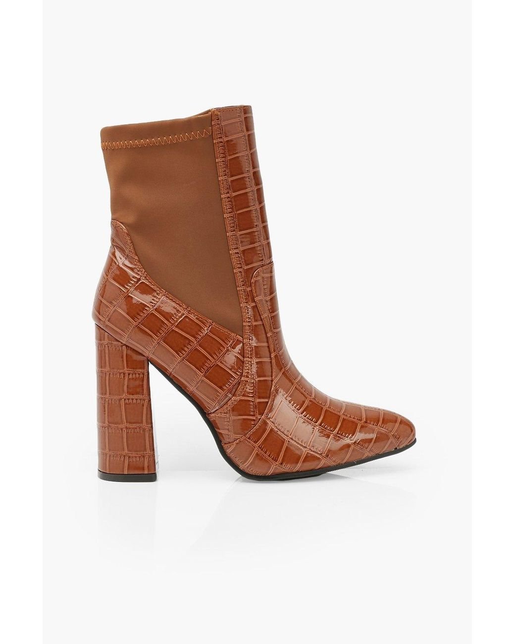 Womens Croc Pointed Toe Block Heel Sock Boots Womens Croc Pointed Toe Block Heel Sock Boots
