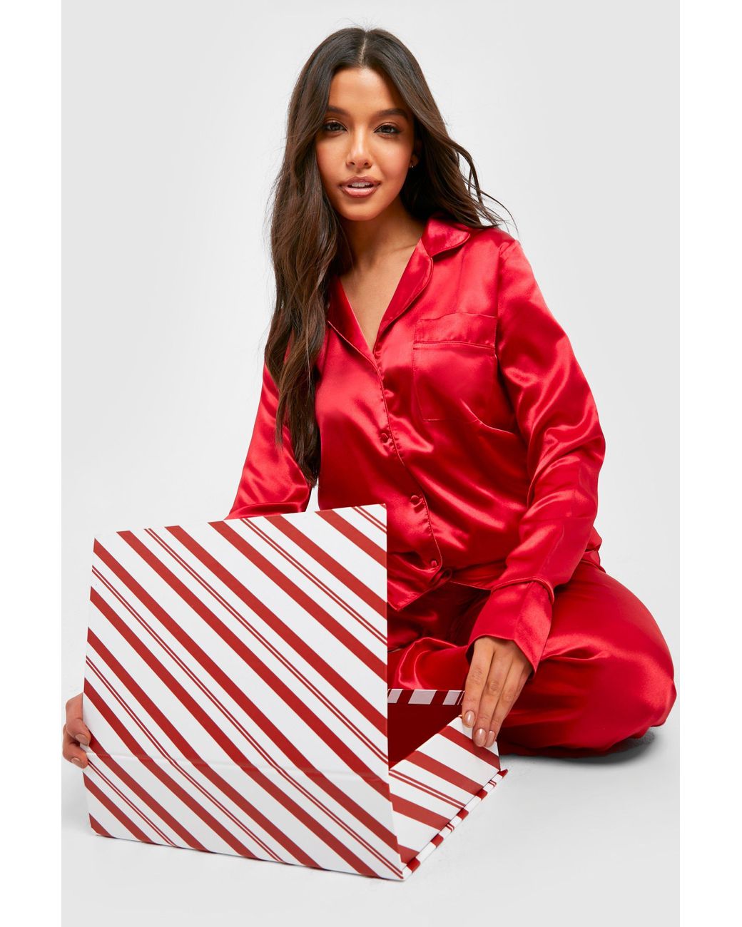 Boohoo Candy Stripe Gift Box & Satin Pajama Pants Set in Red