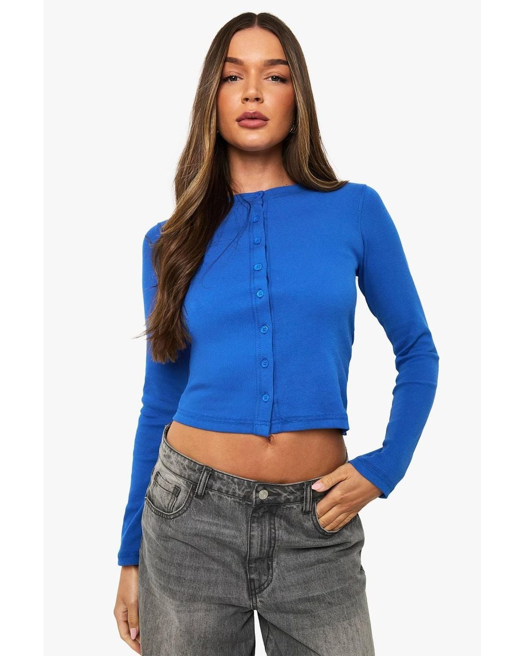 Boohoo Blue Rib Button Through Long Sleeve Top