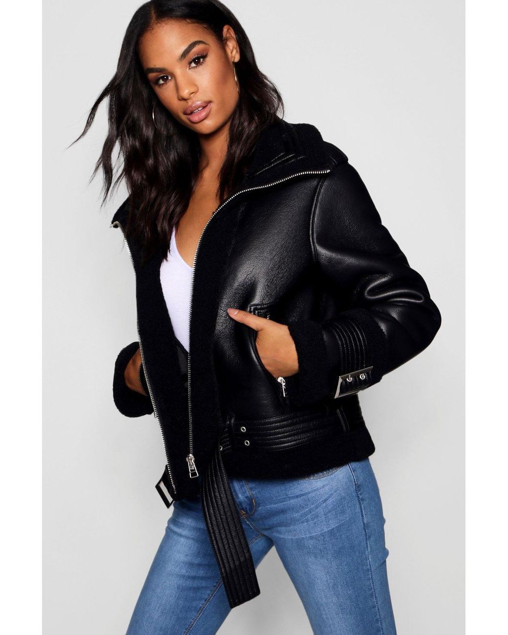 Boohoo Womens Tall Faux Fur Lined Aviator Jacket - Black - 2 in Black - Lyst