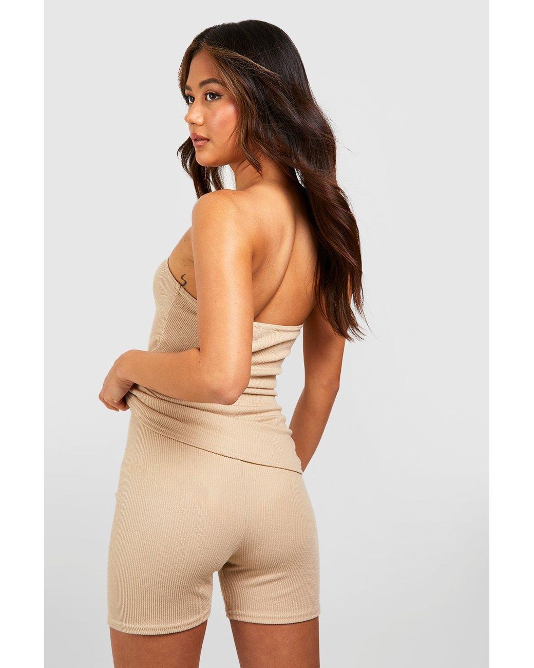 Boohoo Ribbed Longline Top With Side Splits & Short Set in Natural