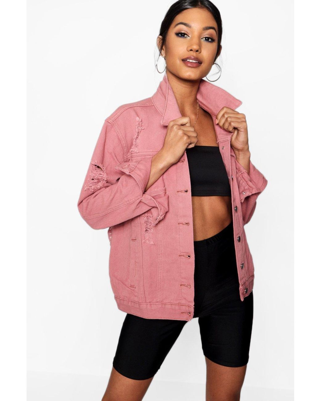 Boohoo Distressed Oversized Jean Jacket, Plain Pattern in Pink - Lyst